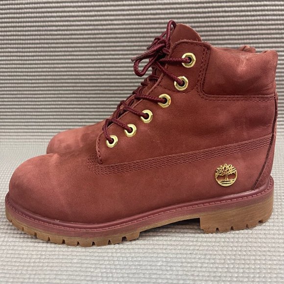 Timberland Youth Kids Size 2 Classic 6 inch Burgundy Red Premium Leather Boots - Picture 4 of 12